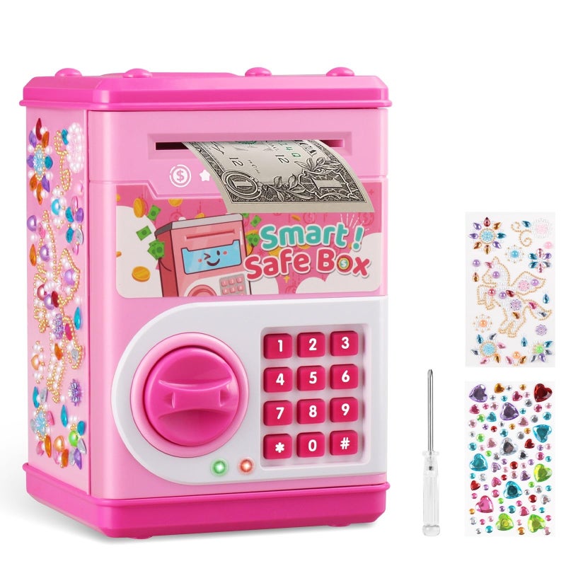 STOPKLAS Piggy Bank for Kids, Electronic Mini ATM Bank with Password for Boys Girls, Money Saving Box with Auto Grab Bill Slot, Cash Coin Can Money Safe Toy, Birthday for Age 3-12, Pink - Image 1