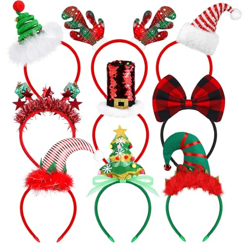 Elcoho 9 Pack Assortment Christmas Headbands New Year Party Toys Hats Costume Reindeer Santa Headbands for Xmas Holiday Party 9 Styles - Image 1