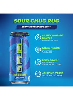 G Fuel Chug Rug Energy Drink, Sugar Free, Healthy Drinks, Zero Calorie, 300 mg Caffeine per Carbonated Can, Sour Blue Flavor, Focus Amino, Vitamin + Antioxidants Blend - 12 Pack  - Image 4