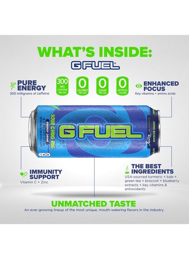 G Fuel - Chug Rug Energy Drink, Sugar Free, Healthy Drinks, Zero Calorie, 300 mg Caffeine per Carbonated Can, Sour Blue Flavor, Focus Amino, Vitamin + Antioxidants Blend - 12 Pack - Image 1