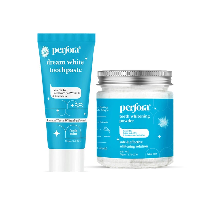 Perfora مجموعة بيرفورا دريم وايت | مسحوق تبييض الأسنان ومعجون الأسنان دريم وايت | معجون أسنان خالي من SLS والفلورايد | N-Ha لإعادة تمعدن الأسنان | حل آمن وفعال لتبييض الأسنان - Image 1