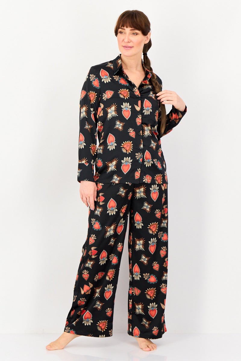 bebe Women 2 Pieces Allover Print Long Sleeves Nightwear Set, Multicolor - Image 1