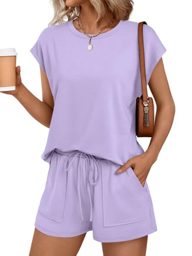 AUTOMET Womens Lounge Two 2 piece Sets Summer Spring Cruise Outfits 2026 Matching Beach Vacation Clothes Travel Sweatsuits Sweat Casual Romper Shorts Fashion Trendy Clothing Loungewear Purple S - Image 1