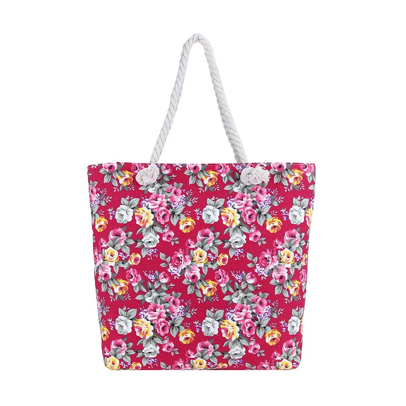 New Printed Canvas Bag Shoulder Bag Floral Cloth Bag Cross-border Supply Fashion Womens Bag Ethnic Style Large Capacity Tote Bag Pink Rose 