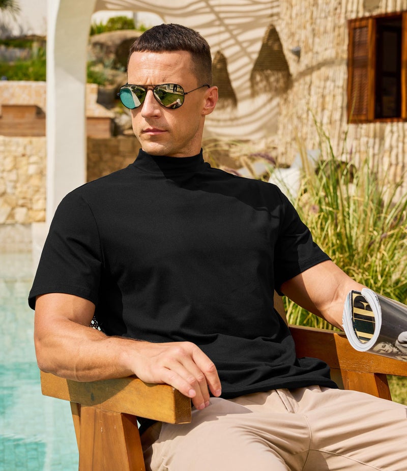 Lexiart Men's Mock Turtleneck Short Sleeve Soft Lightweight Casual Basic T-Shirts Solid Pullover Tops Black - Image 5