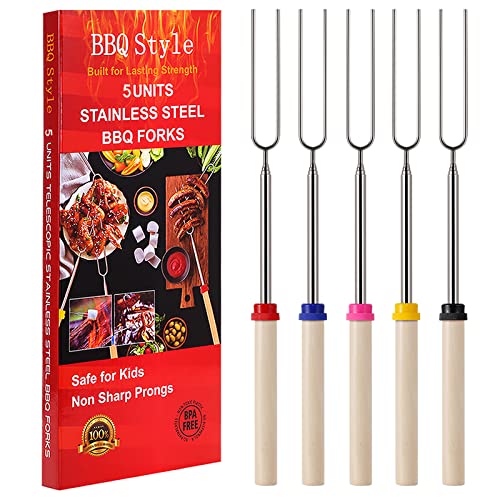 BBQStyle Marshmallow Roasting Sticks, Telescoping Smores Sticks for Open Fire Pit, 32 Inch Long Marshmallow Toasting Barbecue Forks S’mores Skewers for Campfire Camping Hotdog Hot Dog Bonfire Grill, 5 Pack - Image 1
