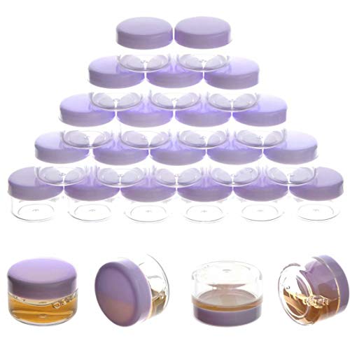 ZEJIA 5 Gram Sample Containers with Lids Mini Makeup Containers Empty Plastic Travel Cosmetic Containers with Labels100 Count Purple Lid