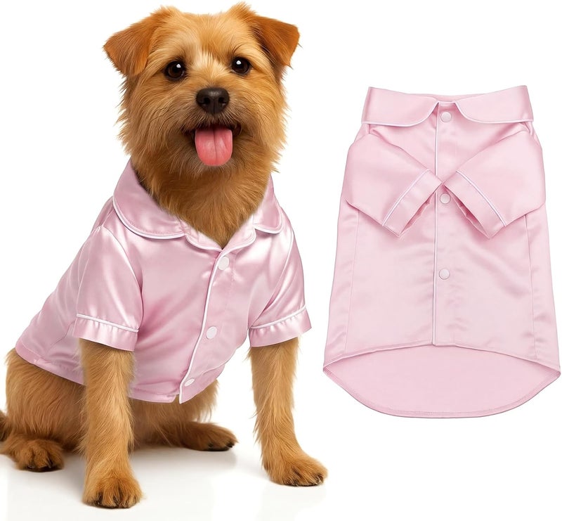 Cosblank Pet Silk Pajamas Shirts Dogs Satin Pjs Soft Faux Silk Lapel Two-Legged Puppy Sleepwear for Small Dogs Bridal Party(M,Pink) - Image 1