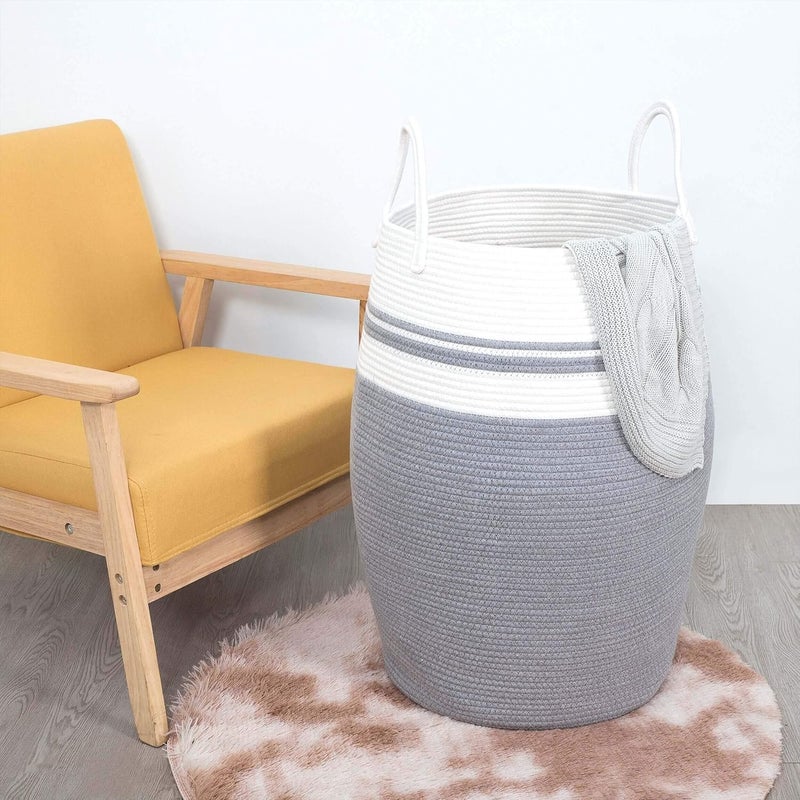 Brikipth Brikipth Decor Large Woven Baskets for Storage Cotton Rope Basket for Storage Tall Blanket Basket for Living Room Nursery Laundry Basket Big Basket for Toys Basket with Handle Large GreyWhite - Image 2