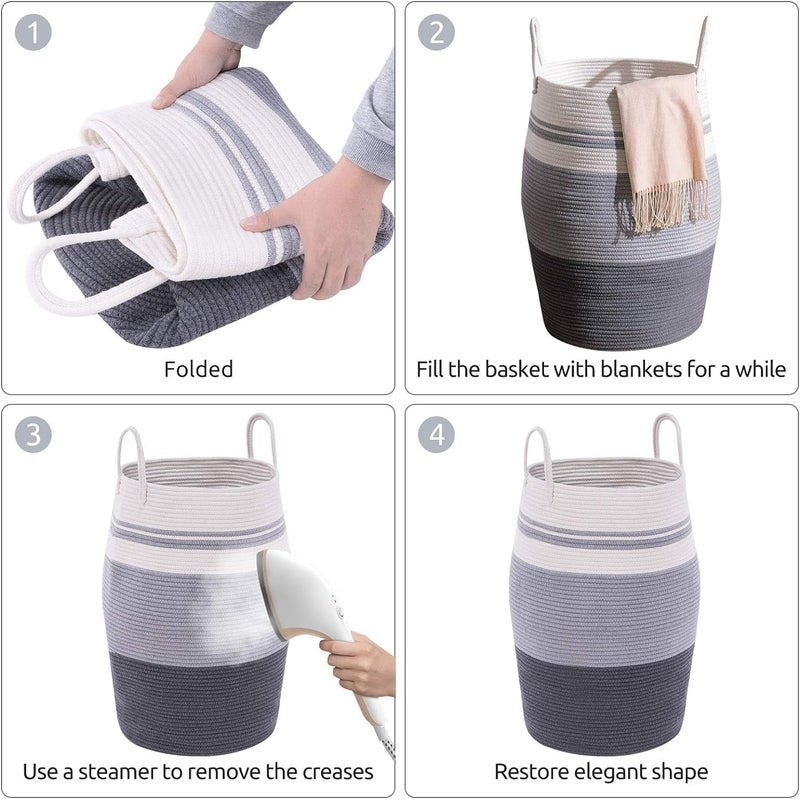 Brikipth Brikipth Decor Large Woven Baskets for Storage Cotton Rope Basket for Storage Tall Blanket Basket for Living Room Nursery Laundry Basket Big Basket for Toys Basket with Handle Large GreyWhite - Image 3