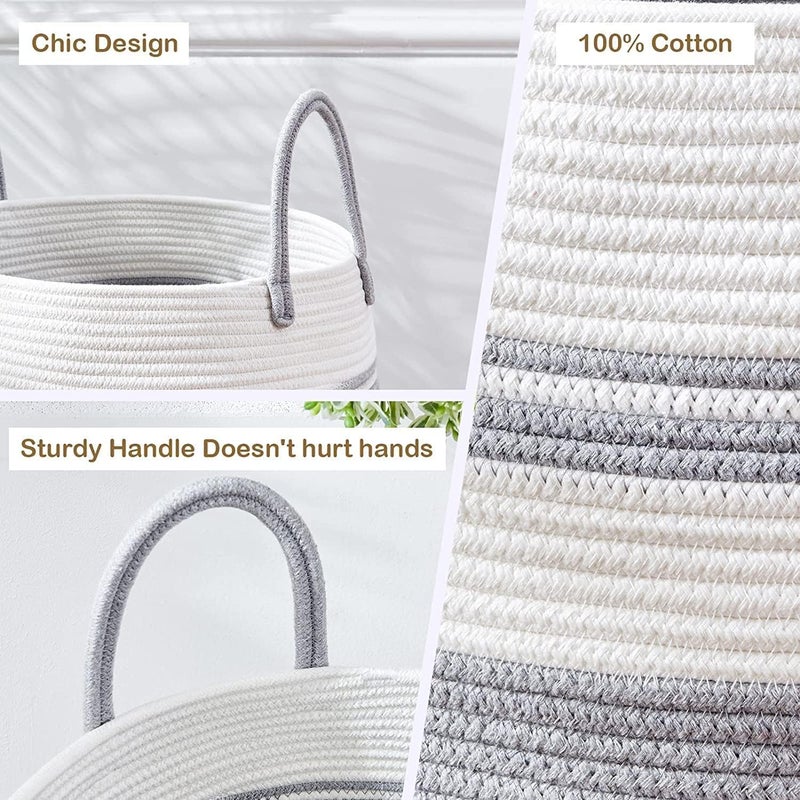 Brikipth Brikipth Decor Large Woven Baskets for Storage Cotton Rope Basket for Storage Tall Blanket Basket for Living Room Nursery Laundry Basket Big Basket for Toys Basket with Handle Large GreyWhite - Image 5