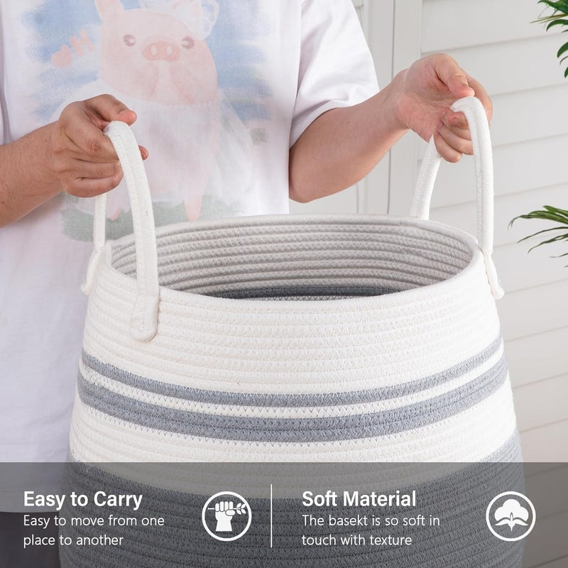 Brikipth Brikipth Decor Large Woven Baskets for Storage Cotton Rope Basket for Storage Tall Blanket Basket for Living Room Nursery Laundry Basket Big Basket for Toys Basket with Handle Large GreyWhite - Image 4