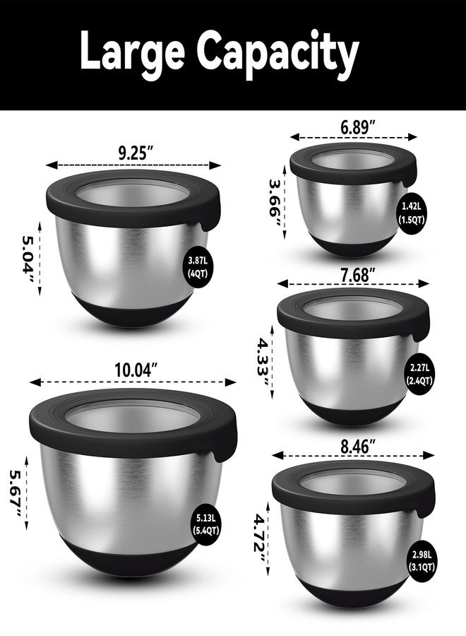 KITEISCAT Stainless Steel Mixing Bowls with Lids - Set of 5 Large Nesting Metal Bowls for Kitchen, Baking, Cooking, Food Prep & Storage, Non-Slip Base, Dishwasher Safe,Black - Image 2