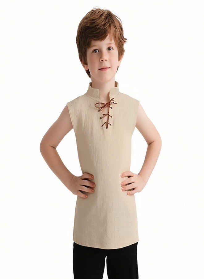 VZQI Kids Medieval Sleeveless Tunic Hip-Length Renaissance Pirate Costume Shirt Boys Girls Viking Halloween Top Khaki 4'3''-4'9'' - Image 1