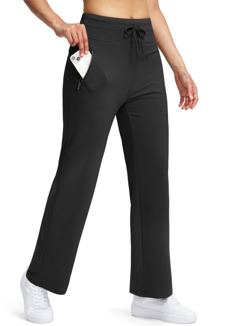 Soothfeel Women's Fleece Lined Pants 29" High Waisted Zipper Pockets Winter Warm Thermal Sweatpants Snow Hiking Lounge Pants Black XL - Image 1