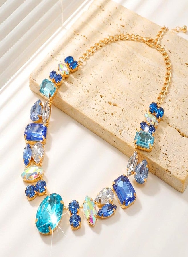 XUN Zhe Chunky Colorful Crystal Choke Necklace For Women Shiny Rhinestone Geometry Oval Statement Necklace Exaggerated Sparkle Wedding Prom Jewelry Gifts (Blue) - Image 2