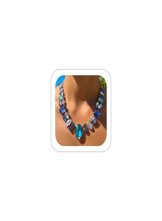 XUN Zhe Chunky Colorful Crystal Choke Necklace For Women Shiny Rhinestone Geometry Oval Statement Necklace Exaggerated Sparkle Wedding Prom Jewelry Gifts (Blue) - Image 1