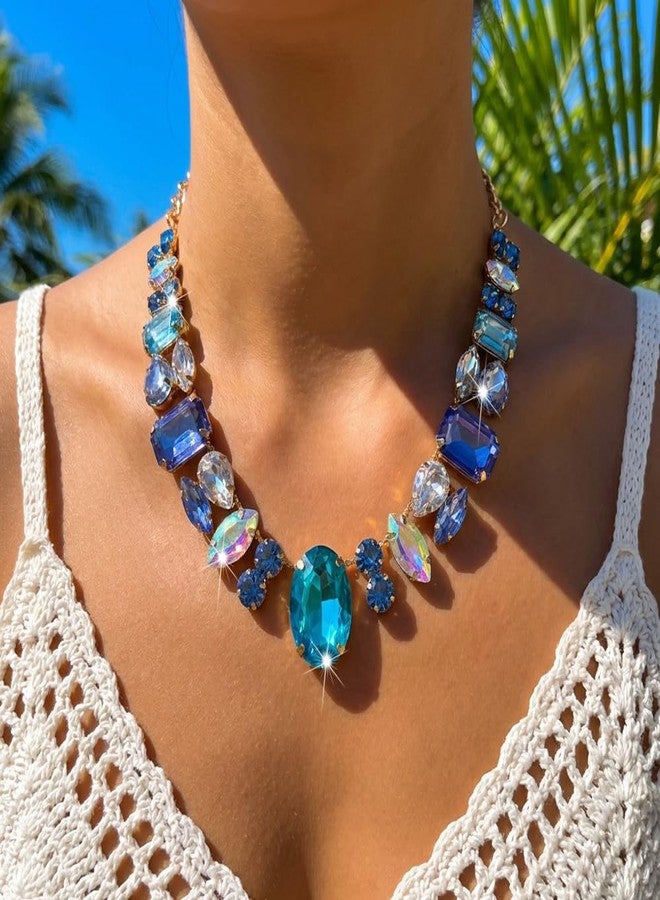XUN Zhe Chunky Colorful Crystal Choke Necklace For Women Shiny Rhinestone Geometry Oval Statement Necklace Exaggerated Sparkle Wedding Prom Jewelry Gifts (Blue) - Image 5