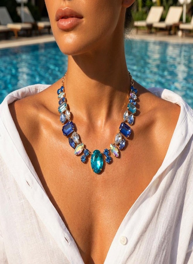 XUN Zhe Chunky Colorful Crystal Choke Necklace For Women Shiny Rhinestone Geometry Oval Statement Necklace Exaggerated Sparkle Wedding Prom Jewelry Gifts (Blue) - Image 3