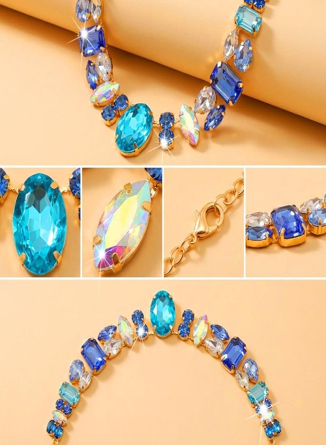 XUN Zhe Chunky Colorful Crystal Choke Necklace For Women Shiny Rhinestone Geometry Oval Statement Necklace Exaggerated Sparkle Wedding Prom Jewelry Gifts (Blue) - Image 4