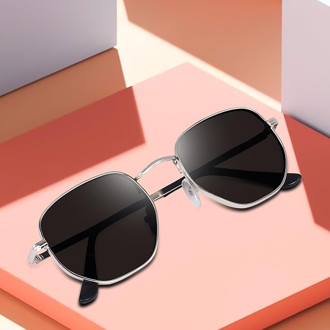 mashamart® Hexagonal Sunglasses with Silver Metal Frame, Black Polarized Lenses, Classic Design Pack of 1 - Image 5