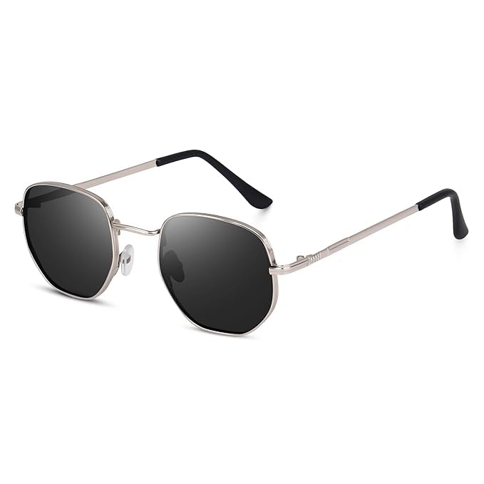 mashamart® Hexagonal Sunglasses with Silver Metal Frame, Black Polarized Lenses, Classic Design Pack of 1 - Image 2