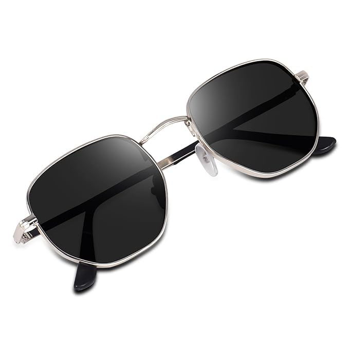 mashamart® Hexagonal Sunglasses with Silver Metal Frame, Black Polarized Lenses, Classic Design Pack of 1 - Image 1