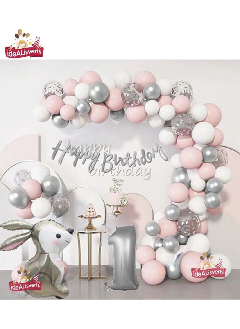 Store Silver Pink Luxury 1 Year Old Rabbit Foil Birthday Decoration Birthday Party Balloon Chain Set  - Image 2