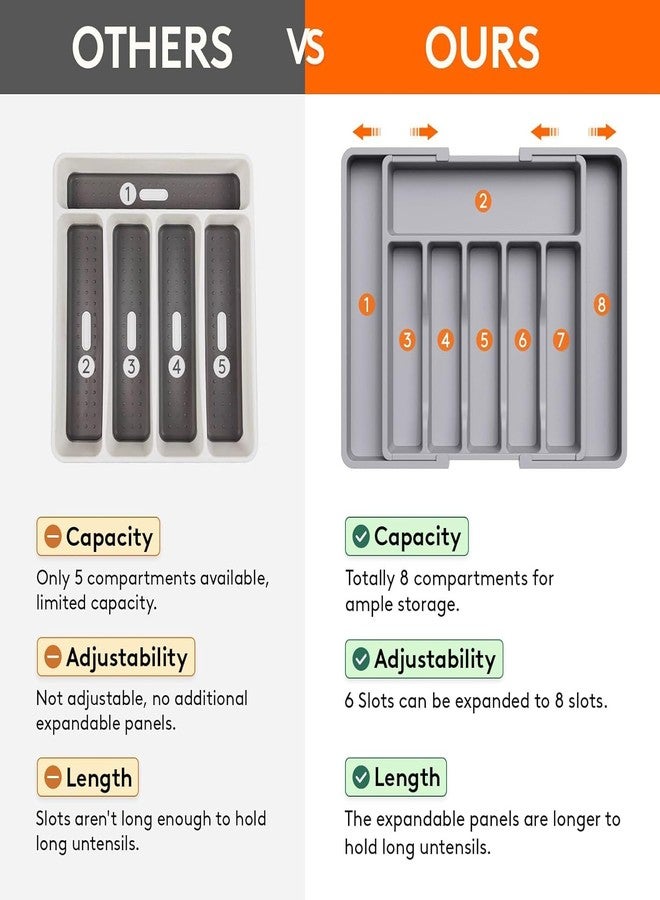 SpaceOrganizer منظم أدراج SpaceOrganizer، صينية أدوات مطبخ قابلة للتوسيع وخالية من مادة BPA، حامل أدوات مائدة قابل للتعديل للملاعق والشوك والسكاكين، منظمات وتخزين مطبخ بلاستيكية (رمادي) - Image 3