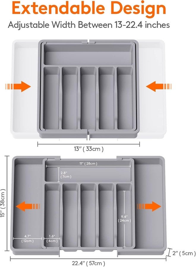 SpaceOrganizer منظم أدراج SpaceOrganizer، صينية أدوات مطبخ قابلة للتوسيع وخالية من مادة BPA، حامل أدوات مائدة قابل للتعديل للملاعق والشوك والسكاكين، منظمات وتخزين مطبخ بلاستيكية (رمادي) - Image 2