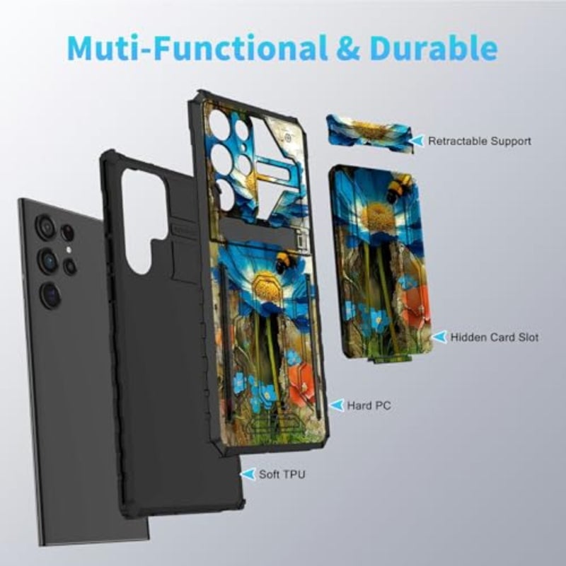 for Samsung Ultra 5G Kickstand Case with Card Holder, Dual Layer Hard PC Soft TPU Wallet Cover Rugged Shockproof Protection Mobile Phone Accessories for Women Men - Image 4