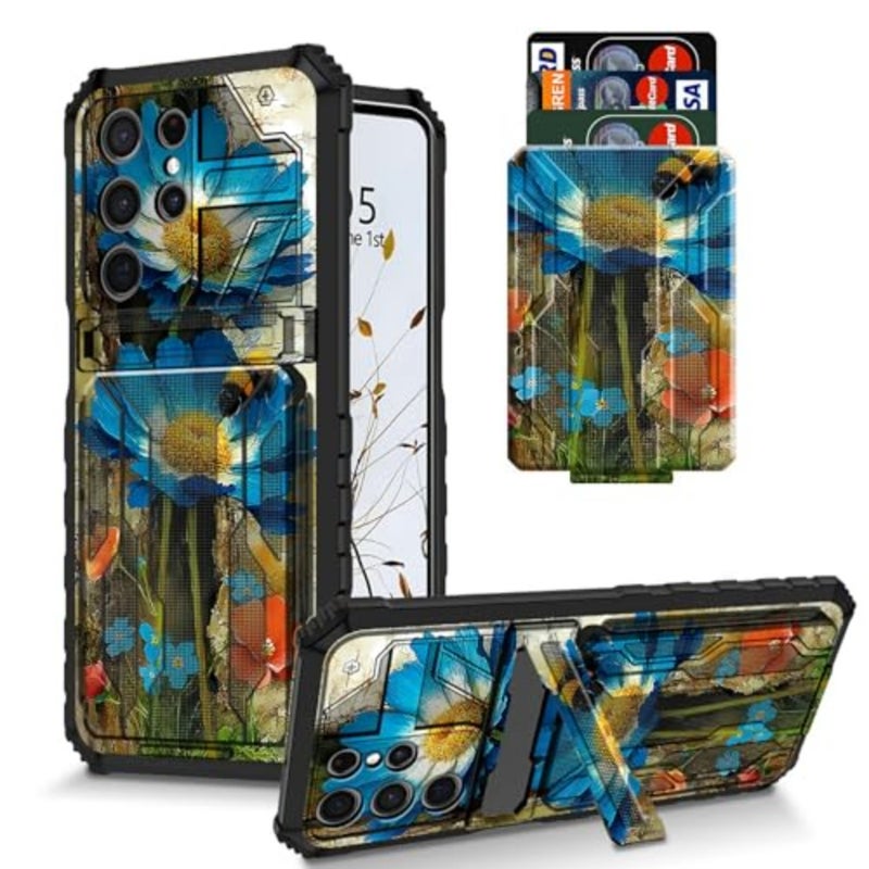for Samsung Ultra 5G Kickstand Case with Card Holder, Dual Layer Hard PC Soft TPU Wallet Cover Rugged Shockproof Protection Mobile Phone Accessories for Women Men - Image 1
