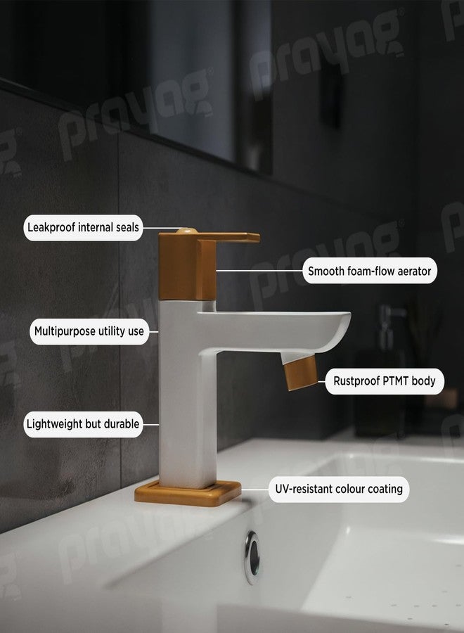 Prayag® Quadra Pillar Cock | PTMT Plastic Foam Flow Table Mount Faucet with Flange | 3-Years Manufacturer's Warranty | Leakproof Wash Basin Tap - (Gold) - Image 4