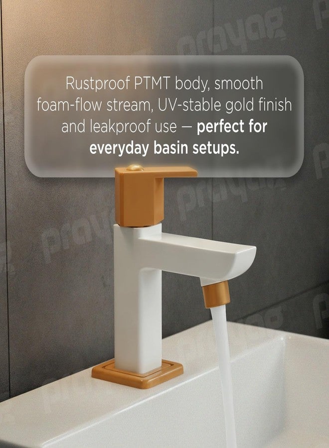 Prayag® Quadra Pillar Cock | PTMT Plastic Foam Flow Table Mount Faucet with Flange | 3-Years Manufacturer's Warranty | Leakproof Wash Basin Tap - (Gold) - Image 5