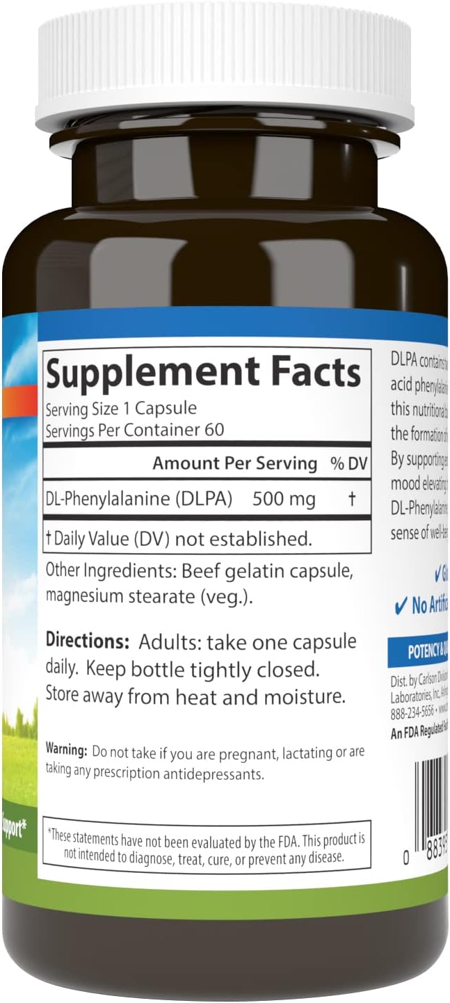 Carlson DLPA DLPhenylalanine 500 mg Mood Cognitive  Nervous System Support Supplement  60 Capsules - Image 2