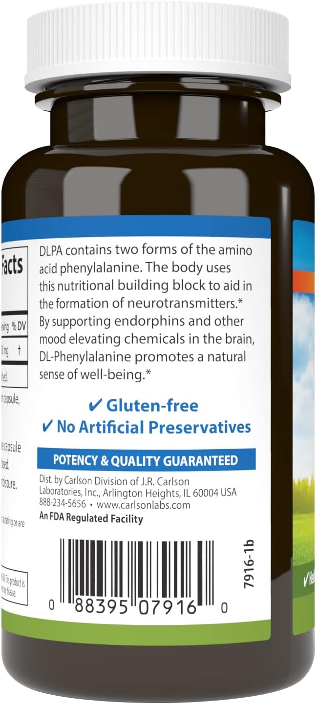 Carlson DLPA DLPhenylalanine 500 mg Mood Cognitive  Nervous System Support Supplement  60 Capsules - Image 3