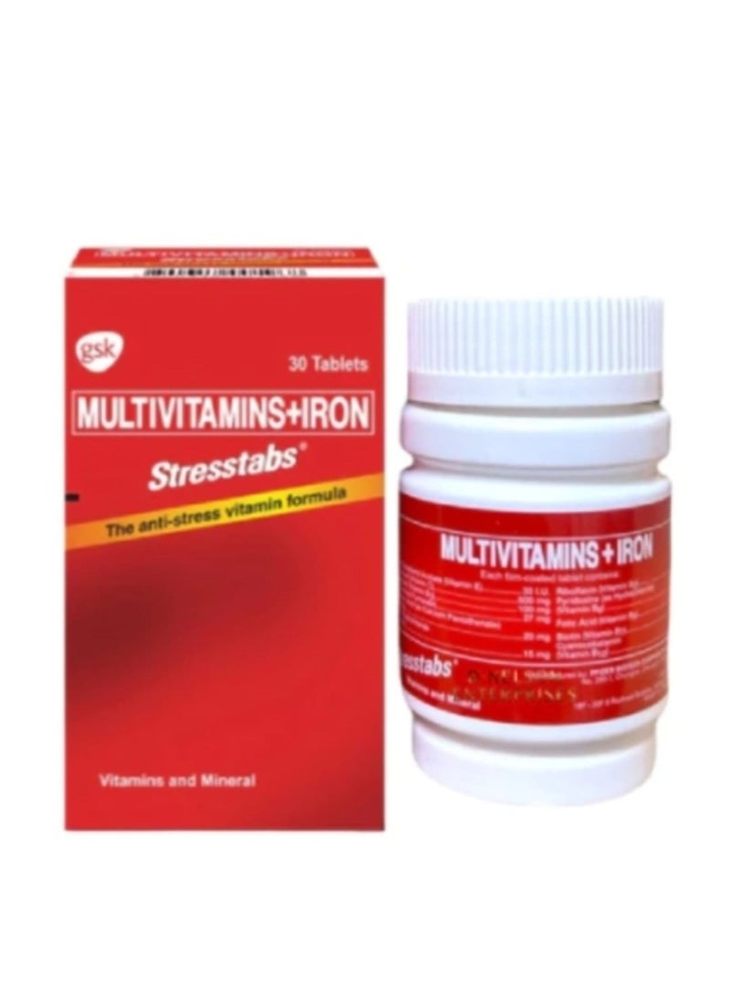 جي أس كيه أقراص سترس تابس، فيتامينات متعددة، فيتامين سي، فيتامين إي، والحديد، يدعم الصحه العامه 30 قرصًا - Image 1
