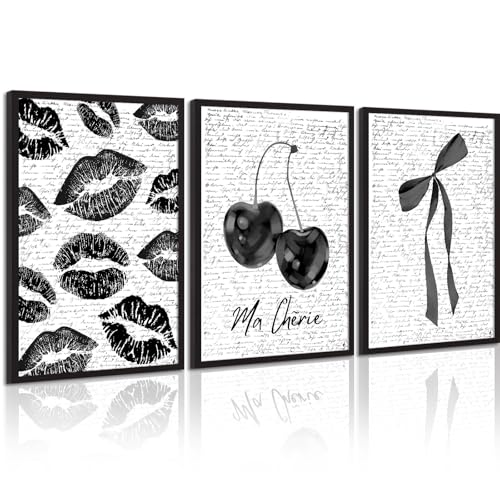 Pennclys Black White Aesthetic Wall Art Coquette Bow Fashion Canvas Wall Decor Preppy Cherry Posters Vintage Girl Room Decor Bow Pictures Trendy Lips Kiss Prints for Girly Bedroom 12x16 Inch Unframed 3pcs - Image 1