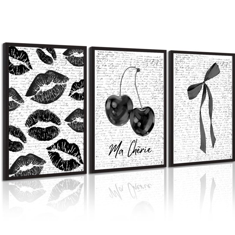 Pennclys Black White Aesthetic Wall Art Coquette Bow Fashion Canvas Wall Decor Preppy Cherry Posters Vintage Girl Room Decor Bow Pictures Trendy Lips Kiss Prints for Girly Bedroom 12x16 Inch Unframed 3pcs - Image 2