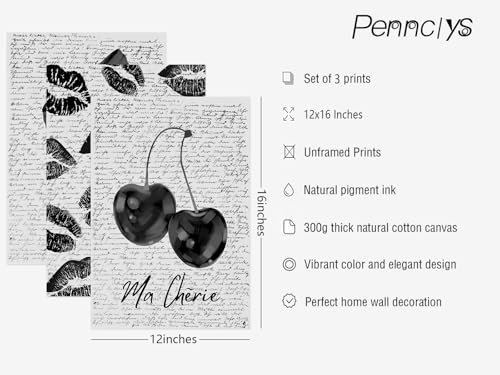 Pennclys Black White Aesthetic Wall Art Coquette Bow Fashion Canvas Wall Decor Preppy Cherry Posters Vintage Girl Room Decor Bow Pictures Trendy Lips Kiss Prints for Girly Bedroom 12x16 Inch Unframed 3pcs - Image 3