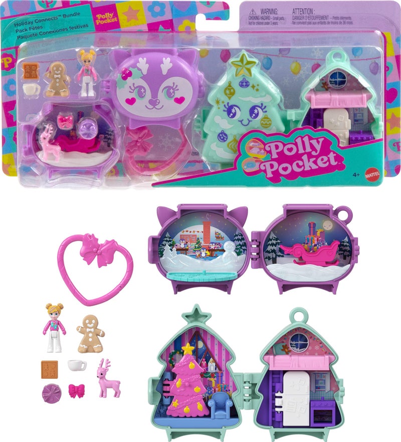 Polly Pocket Mini Toys, Holiday Stackable Compact Playset Bundle with Micro Doll, Accessories, Pet Animal, Travel Toy with Clip - Image 1