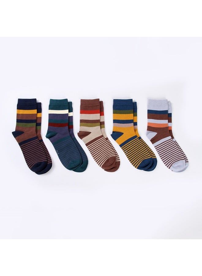 infino 5 pairs of comfortable mid-calf cotton men's socks, colorful striped men's socks, and trendy men's socks - Image 1