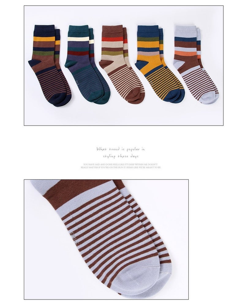 infino 5 pairs of comfortable mid-calf cotton men's socks, colorful striped men's socks, and trendy men's socks - Image 3