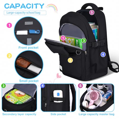PRAGARI Kids School Backpack for Teens Girls Aesthetic Black Backpack Lightweight College Laptop Casual Travel Bookbag - Image 3