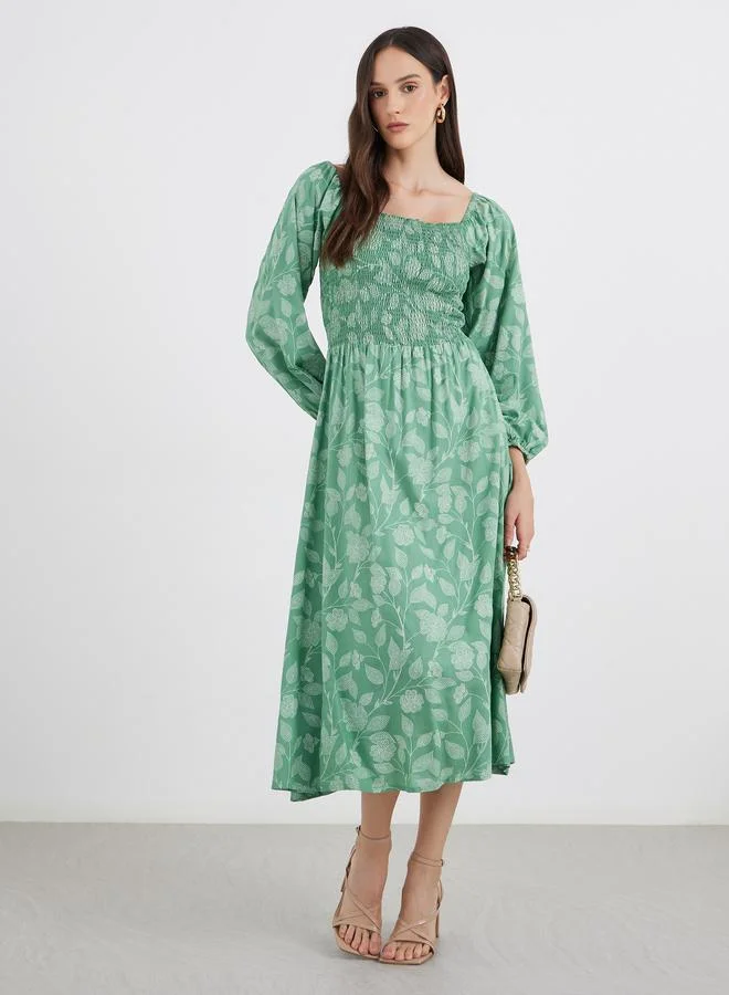 ستايلي Styli All Over Print Square Neck Midi Dress