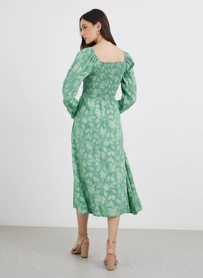 Styli Styli All Over Print Square Neck Midi Dress