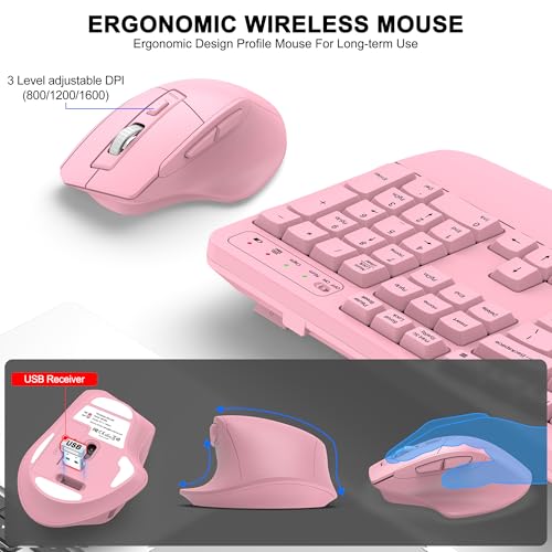 ULSOU Wireless Keyboard and Mouse Combo, 2.4G Full Size Wave Keys Ergonomic Keyboard with Wrist Rest and 3-Level DPI Adjustable Wireless Ergonomic Mouse for Windows, Mac OS Desktop/Laptop/PC(Pink) - Image 4