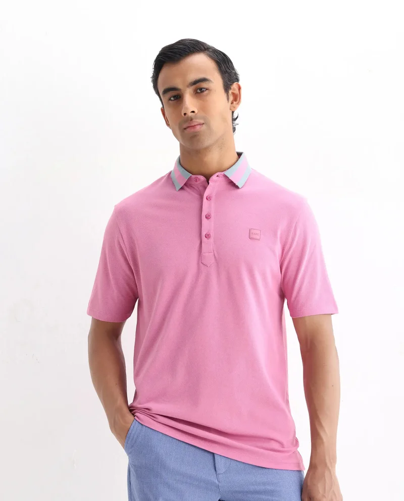 Rare Rabbit Rare Rabbit Men's Divide Light Purple Cotton Fabric Striped Collar Half Sleeves Polo T-Shirt