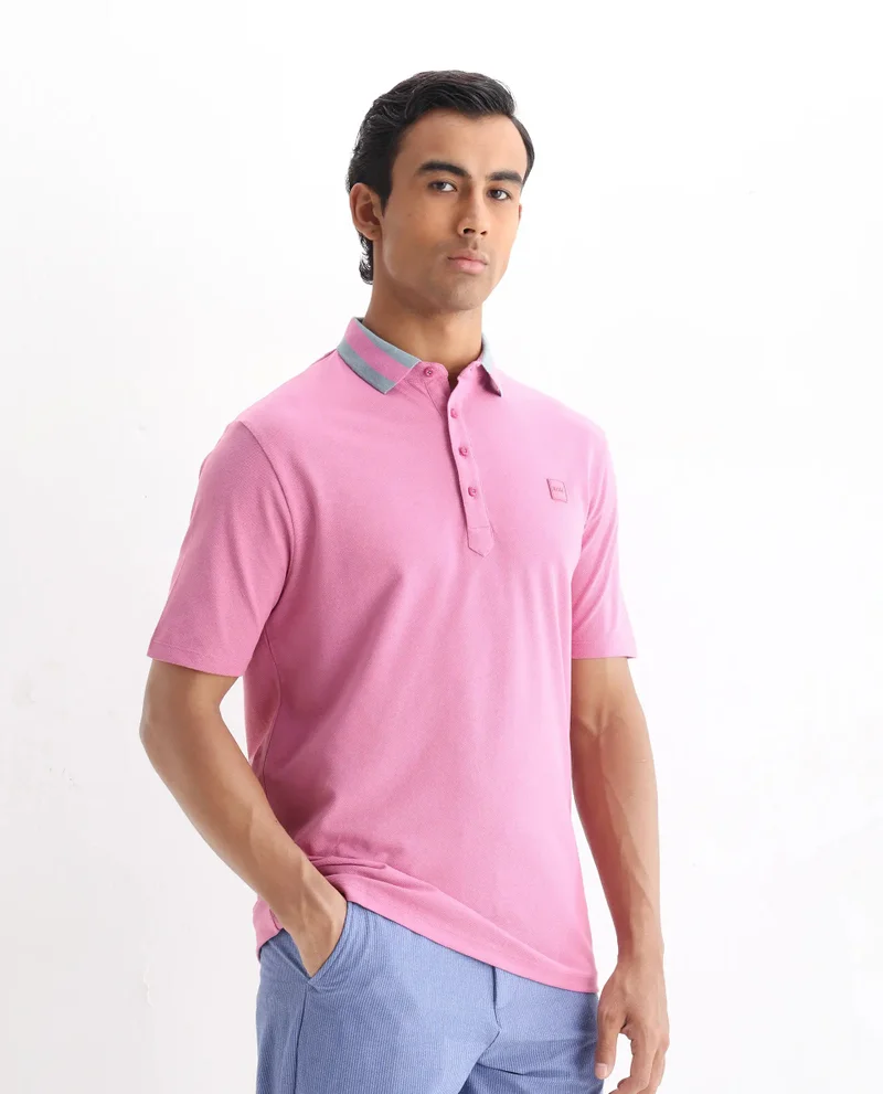 Rare Rabbit Rare Rabbit Men's Divide Light Purple Cotton Fabric Striped Collar Half Sleeves Polo T-Shirt