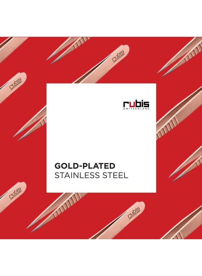 Rubis Stainless Steel Pointed Tweezers with Pro Grip for Precise Eyebrows and Hair Removal, 1K003PGRG, Made in Switzerland, Red Gold - Image 3